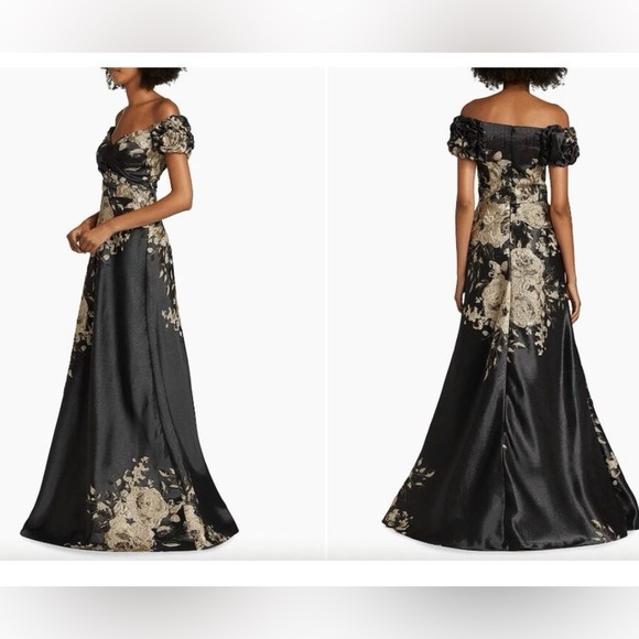 Teri Jon by Rickie Freeman Floral Metallic Jacquard Off-the-Shoulder Gown US 14 - Picture 4 of 8
